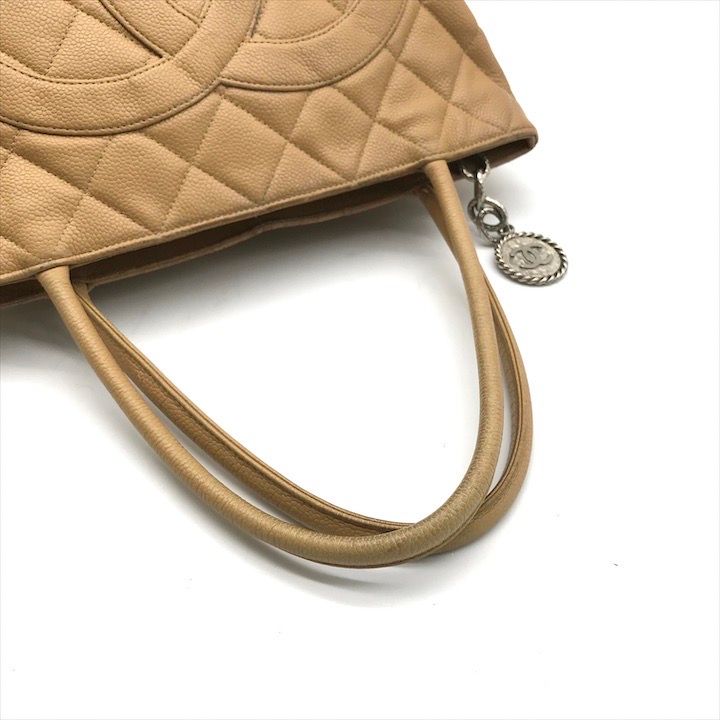 Chanel CC Logo Quilted Caviar Leather Tote Medallion Beige Silver — view 7