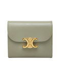 Celine Triomphe Compact Wallet Trifold Golden Khaki Green Leather