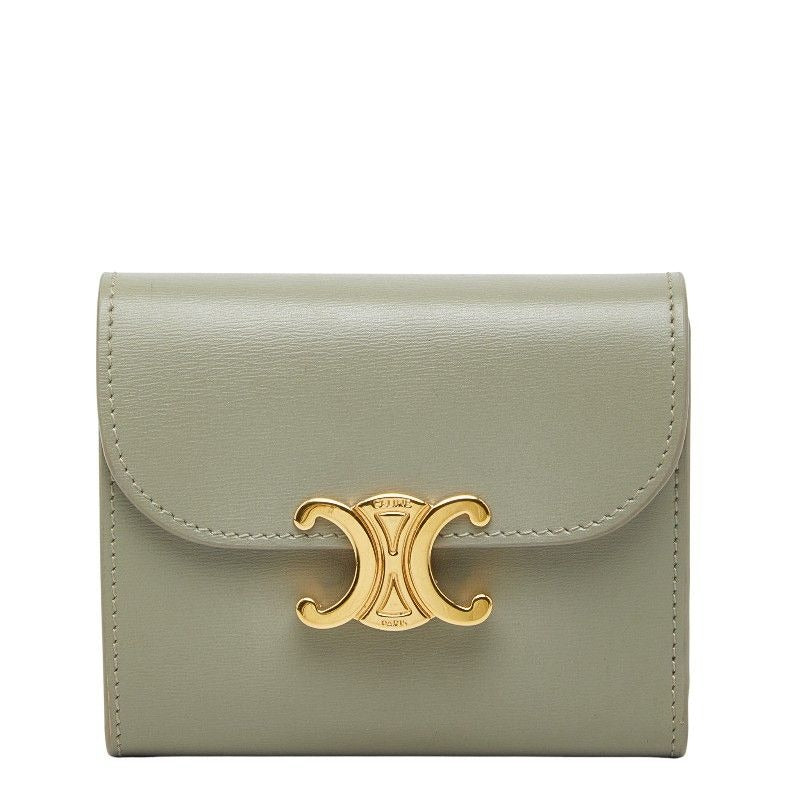 Celine Triomphe Compact Wallet Trifold Golden Khaki Green Leather