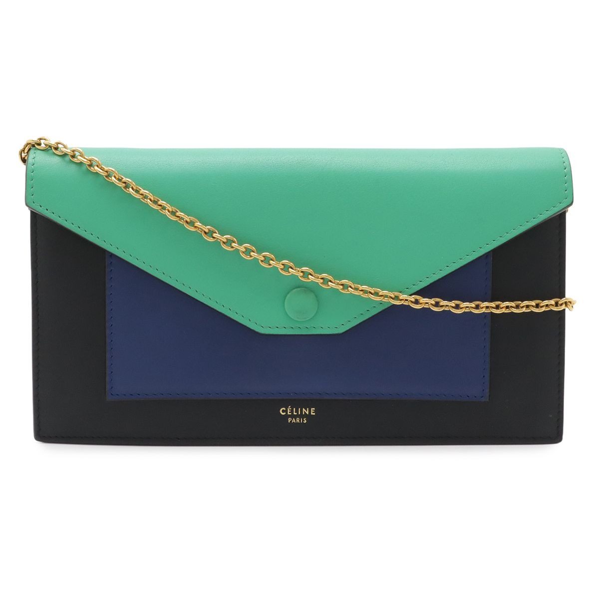 Celine Pocket Large Flap Chain Wallet Shoulder Bag 2-Way Clutch Leather Black