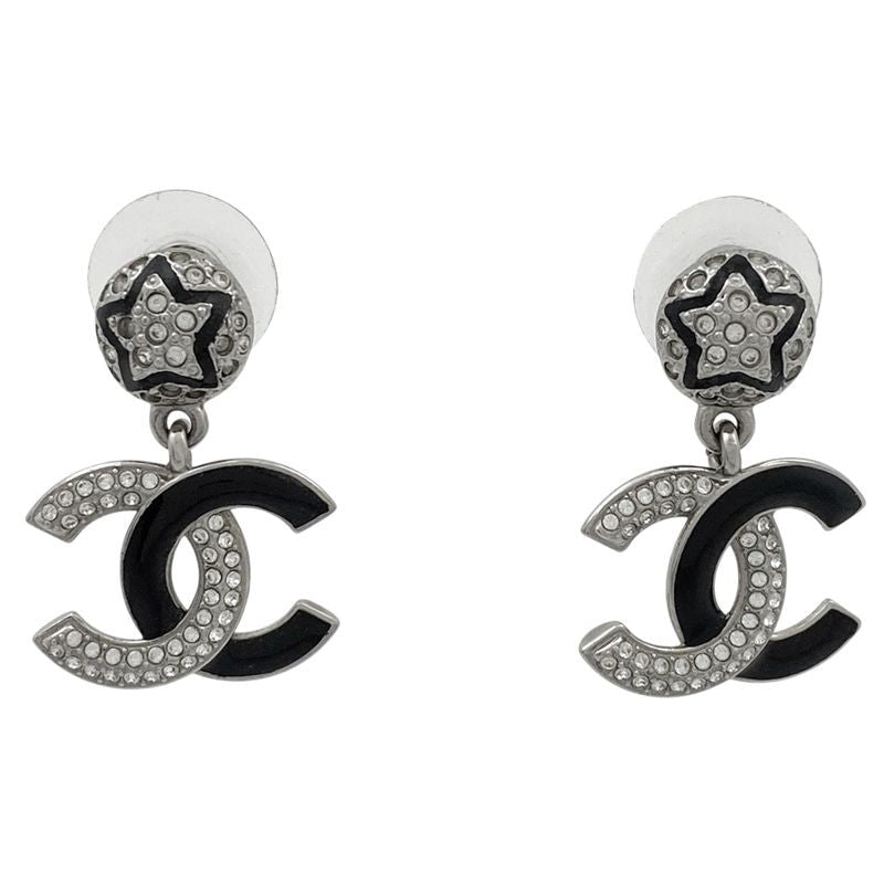Chanel Coco Mark Rhinestone Earrings Swing Silver Plated Black