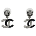Chanel Coco Mark Rhinestone Earrings Swing Silver Plated Black