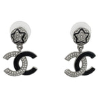 Chanel Coco Mark Rhinestone Earrings Swing Silver Plated Black