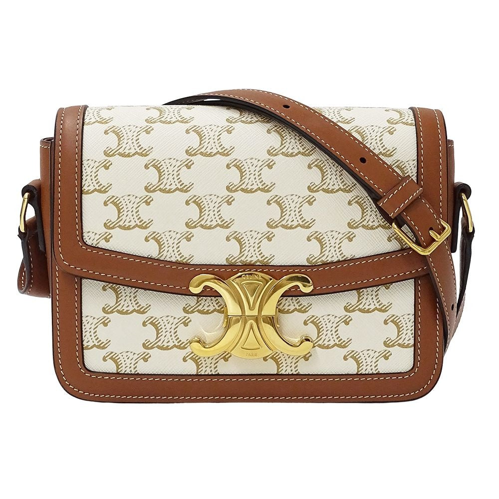 Celine Shoulder Bag Teen Triomphe Canvas White Brown Mini