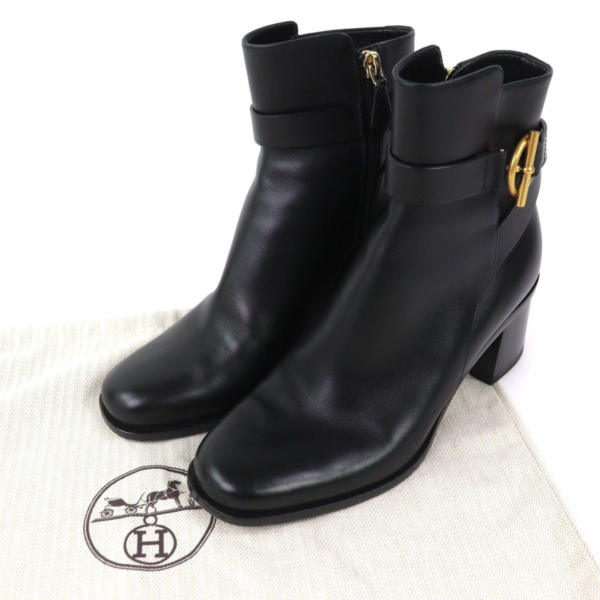 Hermes Jill 60 Glenan Buckle Side Zip Leather Heel Short Boots Black 36.5 — view 2
