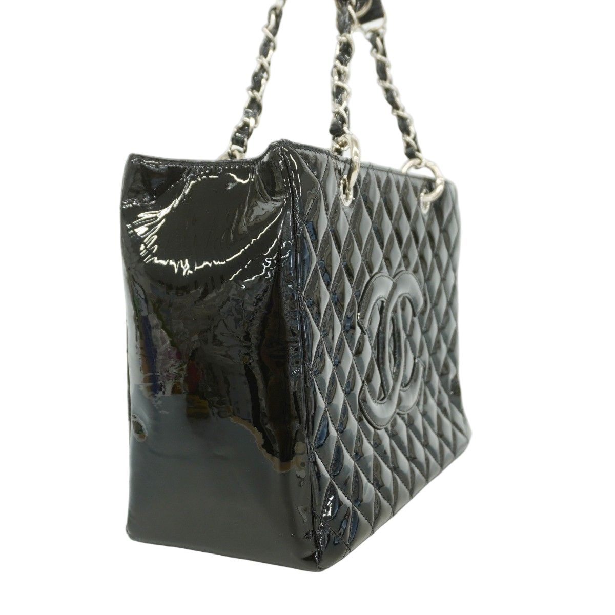 Chanel Chain Tote Quilted Patent Leather Black Silver — view 2