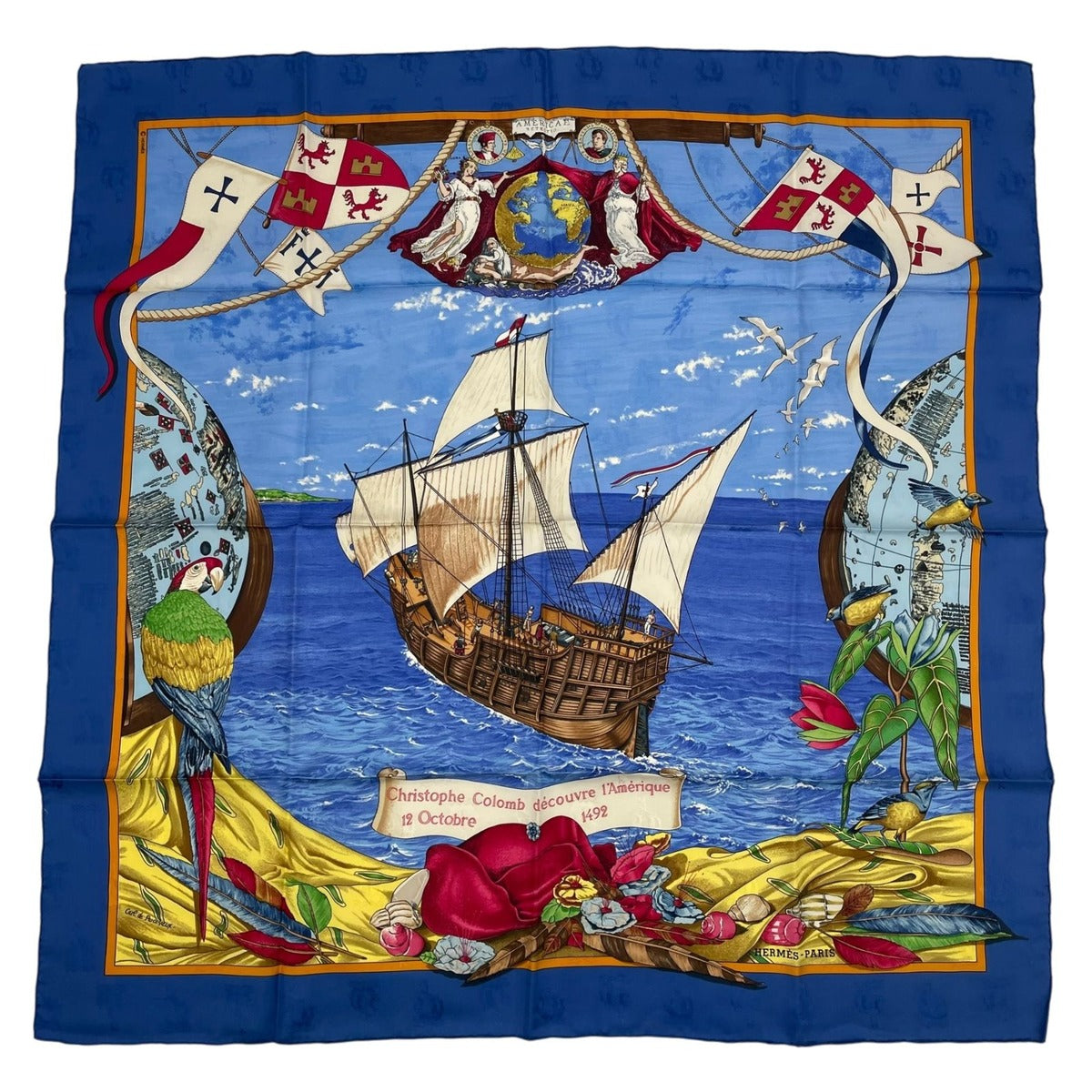 Hermes Scarf Silk Carre 90 Christophe Colomb Decouvre L'amerique 12 Octobre