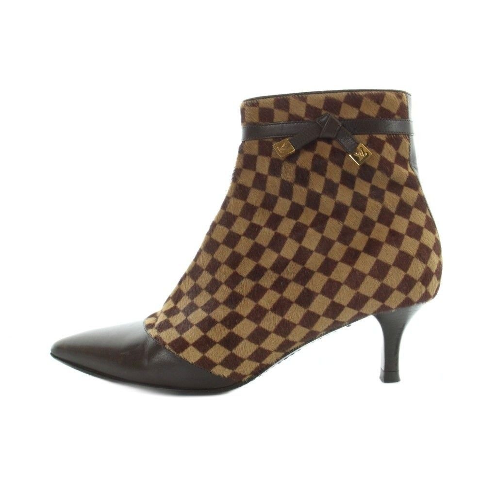 Louis Vuitton Short Boots Pointed Toe Calf Hair Leather Damier Logo 37.5