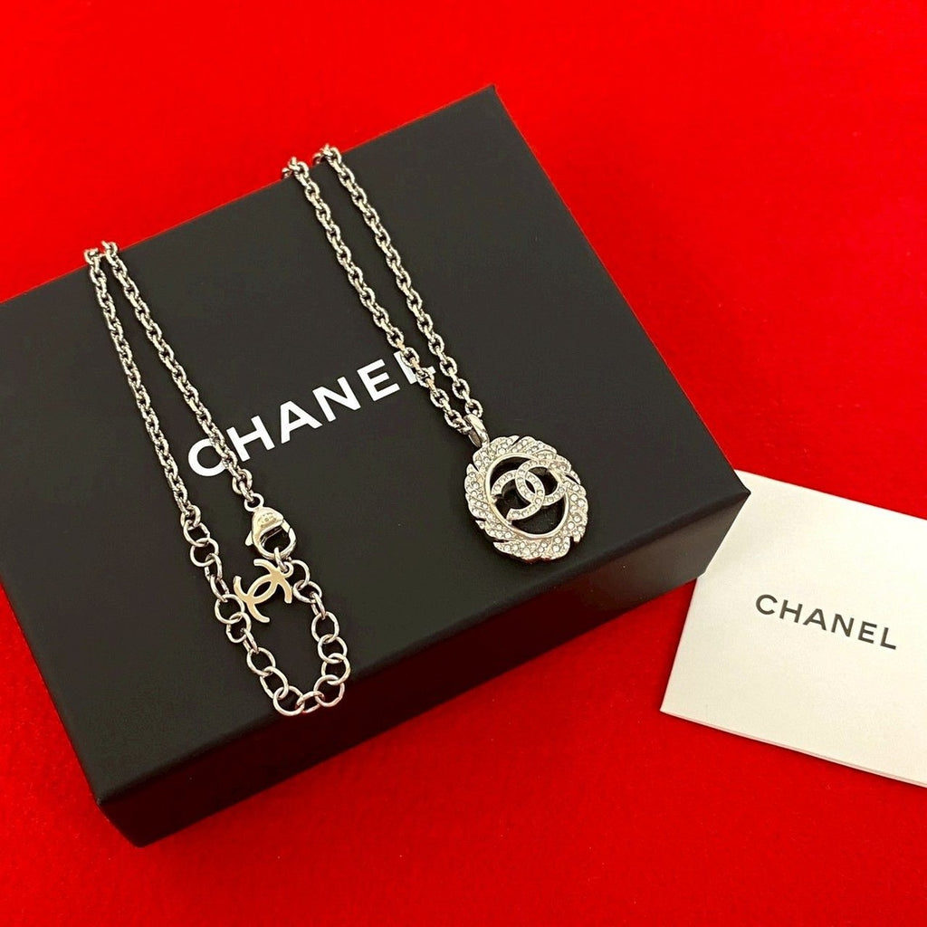 Chanel CC Logo Motif Plated Rhinestone Chain Necklace