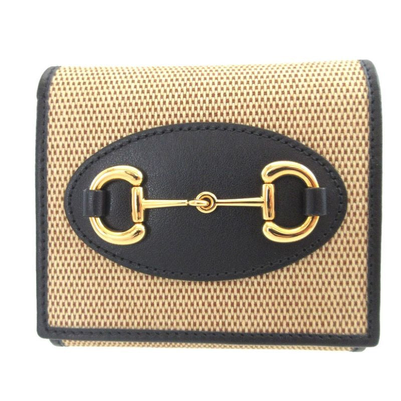 Gucci Horsebit Canvas Leather Beige Navy Blue Bifold Wallet 0437