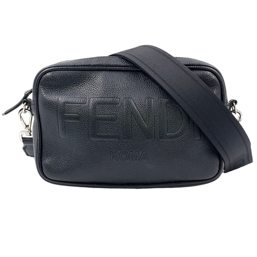 Fendi Embossed Logo Monogram Leather Black Shoulder Bag Silver