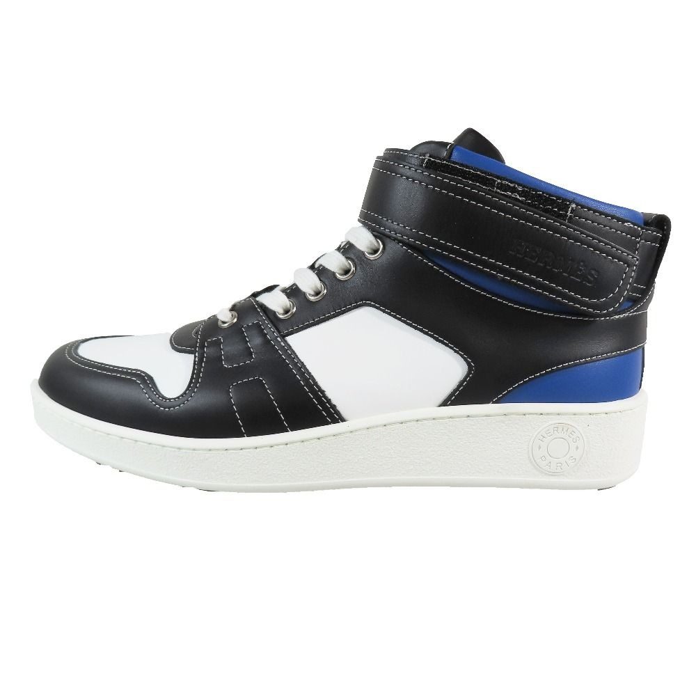 Hermes Logo Clou de Selle Style Leather High Cut Sneakers Shoes Black Blue