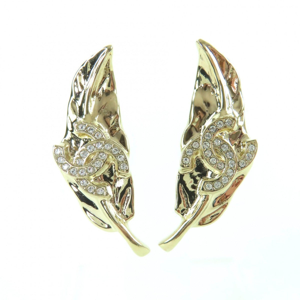 Chanel CC Logo Leaf Design Rhinestone Earrings Gold