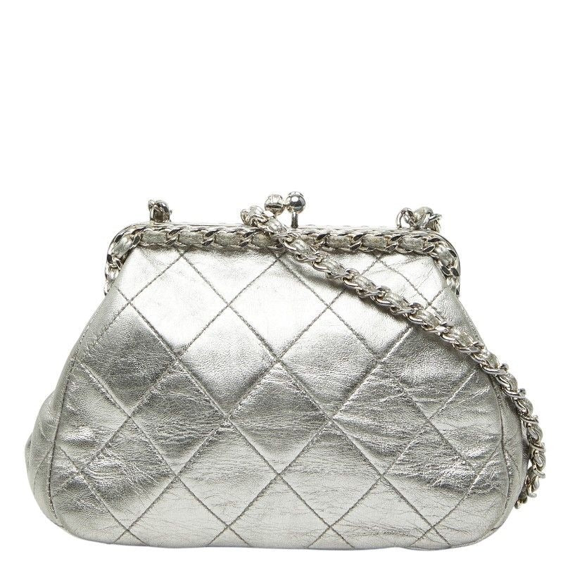 Chanel CC Logo Quilted Chain Shoulder Bag Silver Lambskin