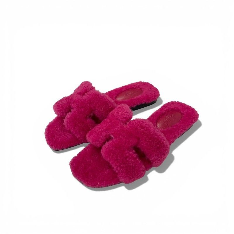 Hermes Oran Sandals Shoes Shearling Pink Flat Mule Boa