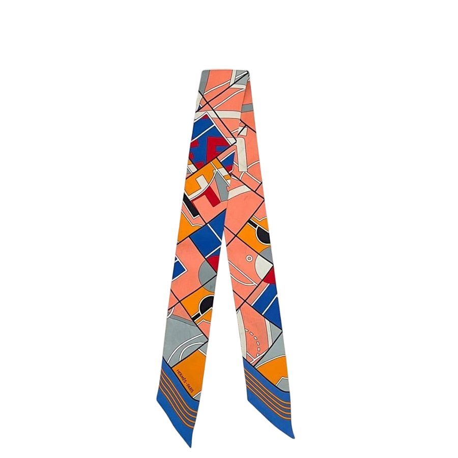 Hermes Ribbon Scarf Twilly Pink Blue Cleaned