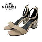 Hermes Gram 60 Sandals Shoes Suede Beige Silver Chaine D'ancre Metal Heel Strap