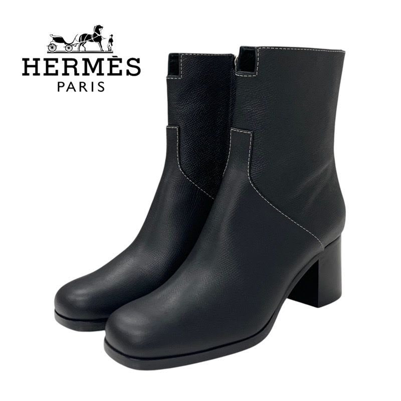 Hermes Flats Boots Short Shoes Leather Black Stitching