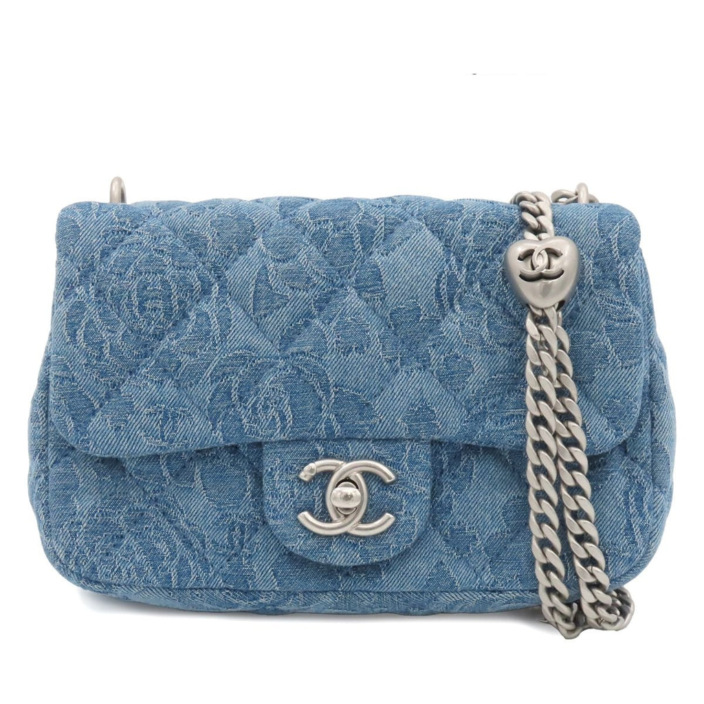 Chanel Shoulder Bag Blue Silver Denim Rose Camellia Quilted Mini Flap Heart