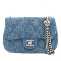 Chanel Shoulder Bag Blue Silver Denim Rose Camellia Quilted Mini Flap Heart