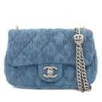 Chanel Shoulder Bag Blue Silver Denim Rose Camellia Quilted Mini Flap Heart