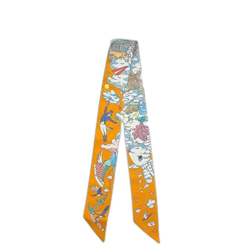 Hermes Ribbon Twilly Light Blue Orange Animal Cleaned Scarf