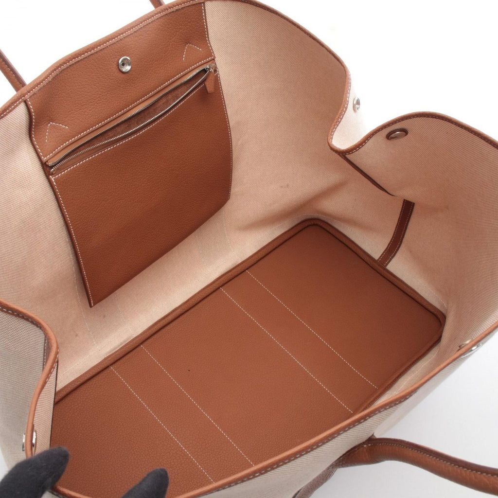 Hermes Tote Garden Party TGM Ecru Gold Canvas Leather Ivory Brown — view 3