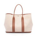 Hermes Tote Garden Party TGM Ecru Gold Canvas Leather Ivory Brown