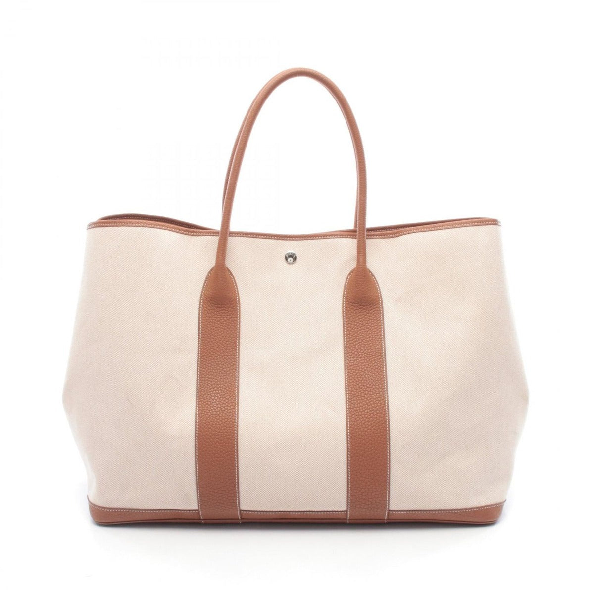 Hermes Tote Garden Party TGM Ecru Gold Canvas Leather Ivory Brown