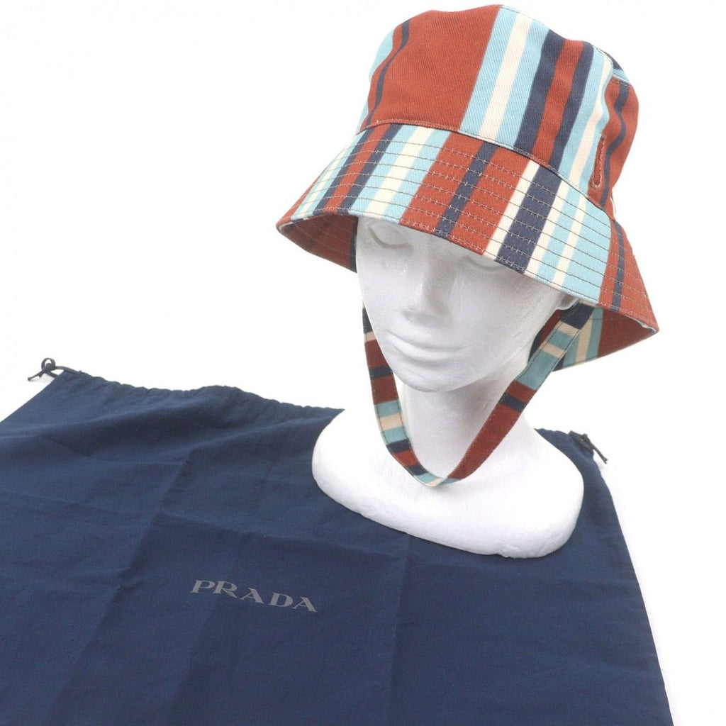 Prada Cotton Triangle Pouch Striped Pattern Drill Hat Bucket Hat Brown — view 2