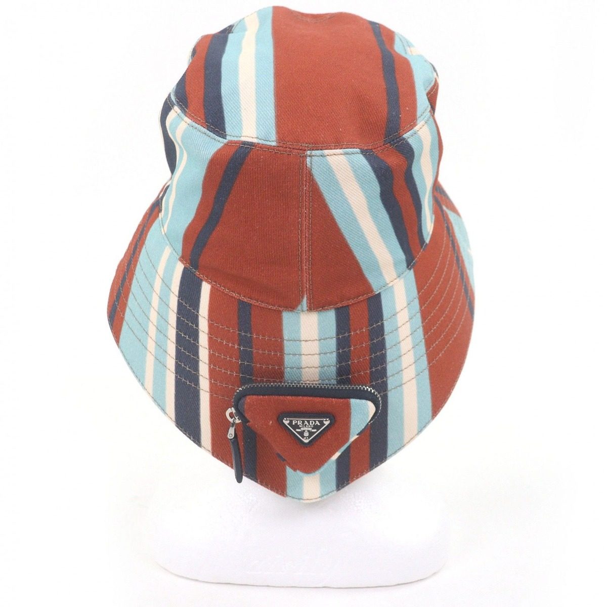 Prada Cotton Triangle Pouch Striped Pattern Drill Hat Bucket Hat Brown — view 3