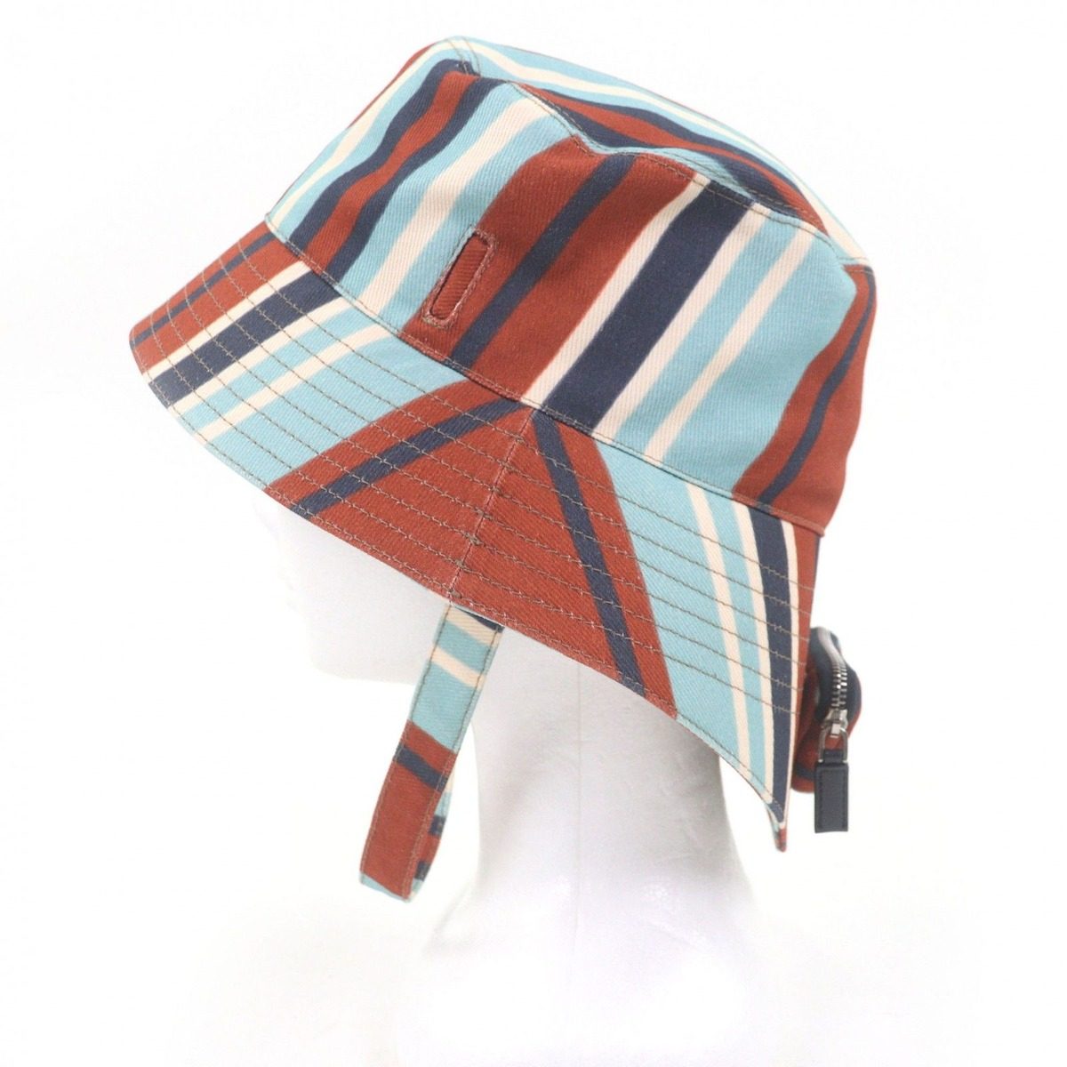 Prada Cotton Triangle Pouch Striped Pattern Drill Hat Bucket Hat Brown — view 4