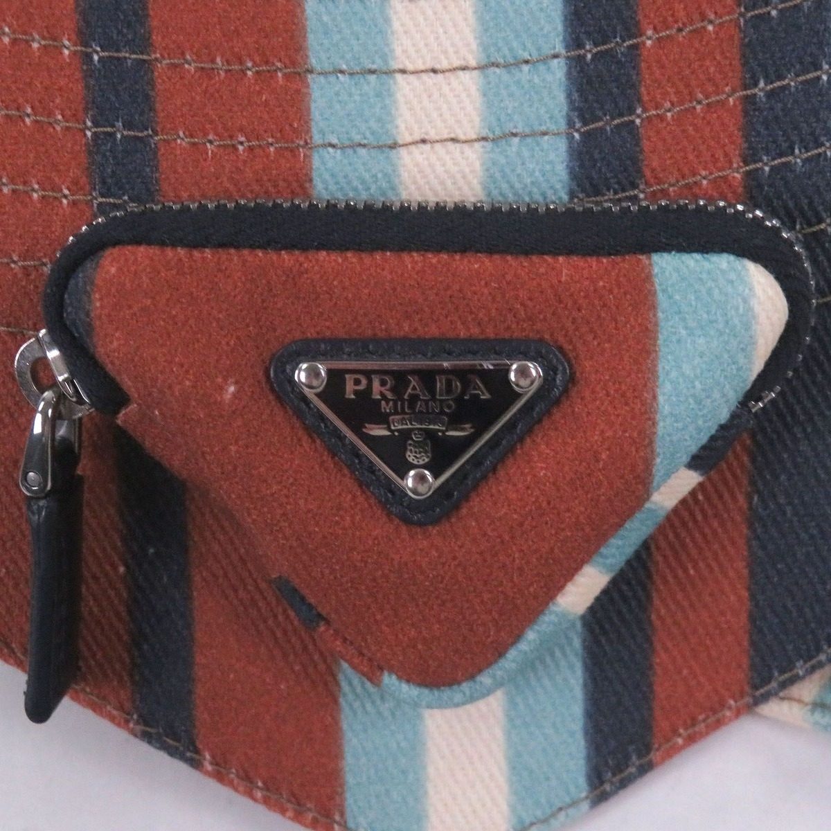 Prada Cotton Triangle Pouch Striped Pattern Drill Hat Bucket Hat Brown — view 6