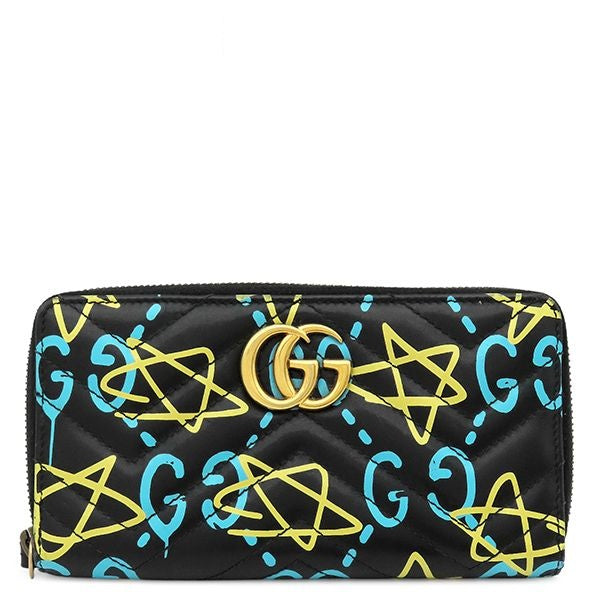 Gucci Wallet Ghost Zip Around Leather Black Yellow Blue Vintage GG Star Doodle