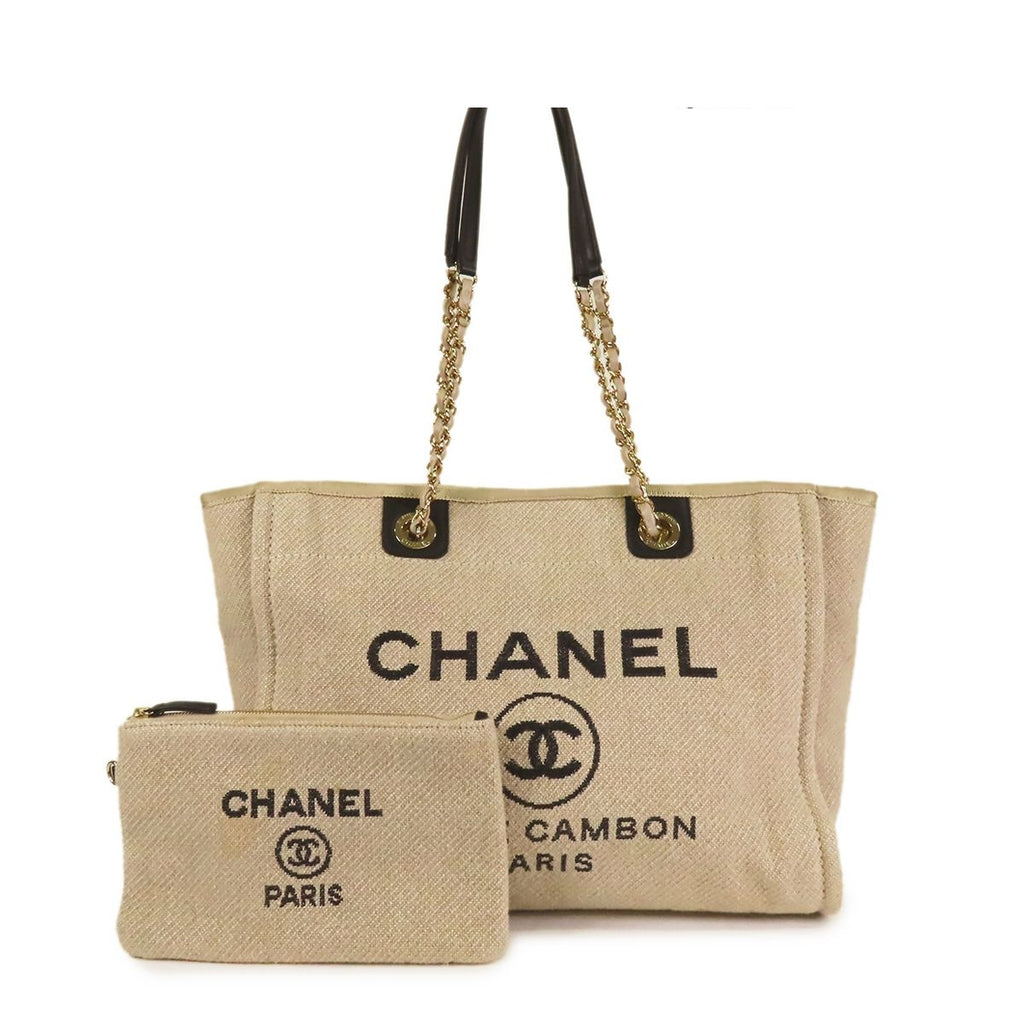 Chanel Deauville MM Beige Gold Canvas Leather 2-Way Shoulder Bag