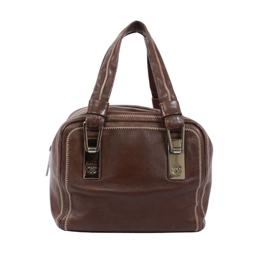 Chanel Mini Lambskin Brown Boston Bag Silver