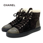 Chanel Sneakers Shoes Suede Leather Brown White High Cut Coco Mark