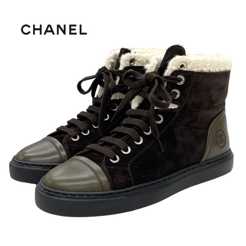 Chanel Sneakers Shoes Suede Leather Brown White High Cut Coco Mark