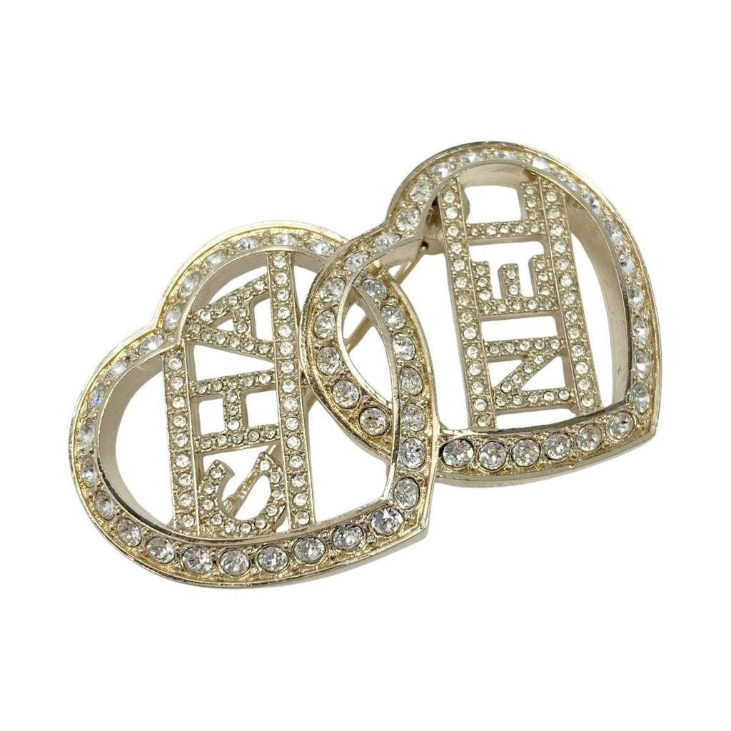 Chanel Logo Double Heart Brooch C23 B Gold GP Rhinestone — view 2