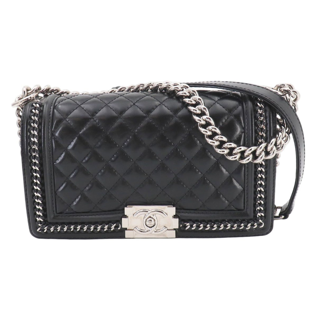 Chanel Boy Chain Shoulder Bag Calfskin Black Silver
