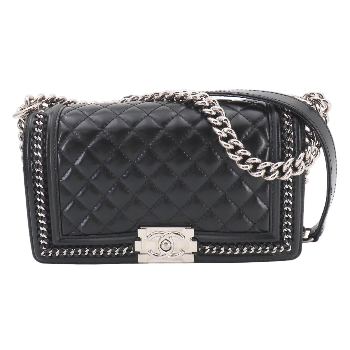 Chanel Boy Chain Shoulder Bag Calfskin Black Silver