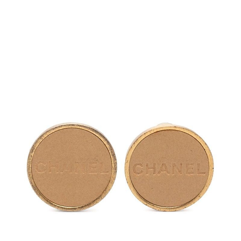 Chanel Logo Earrings Gold Beige Plated Leather