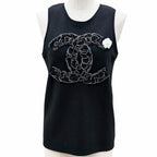 Chanel Wool CC Logo Sleeveless Top with Camellia Brooch Black 38