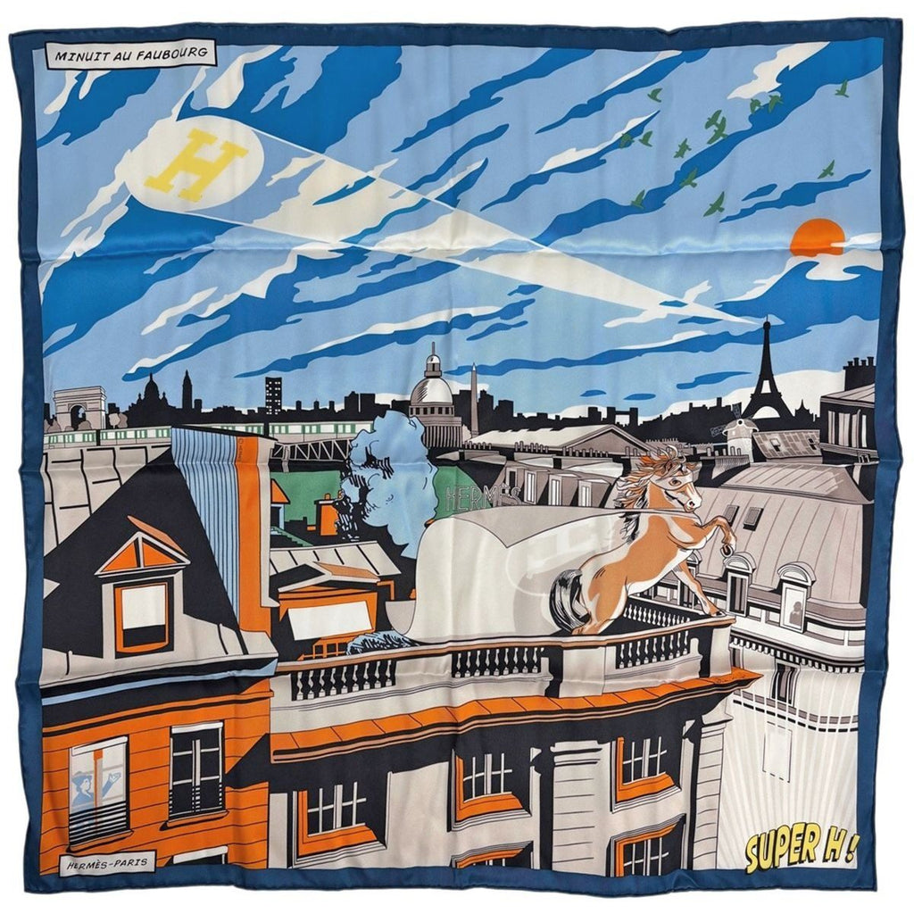 Hermes Carre 70 Minuit AU Faubourg Midnight Scarf Silk Blue Multicolor