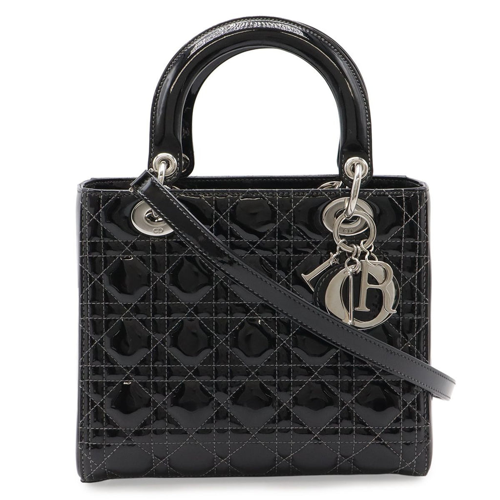 Dior Cannage Tote 2-Way Shoulder Bag Patent Leather Black Pink Gray