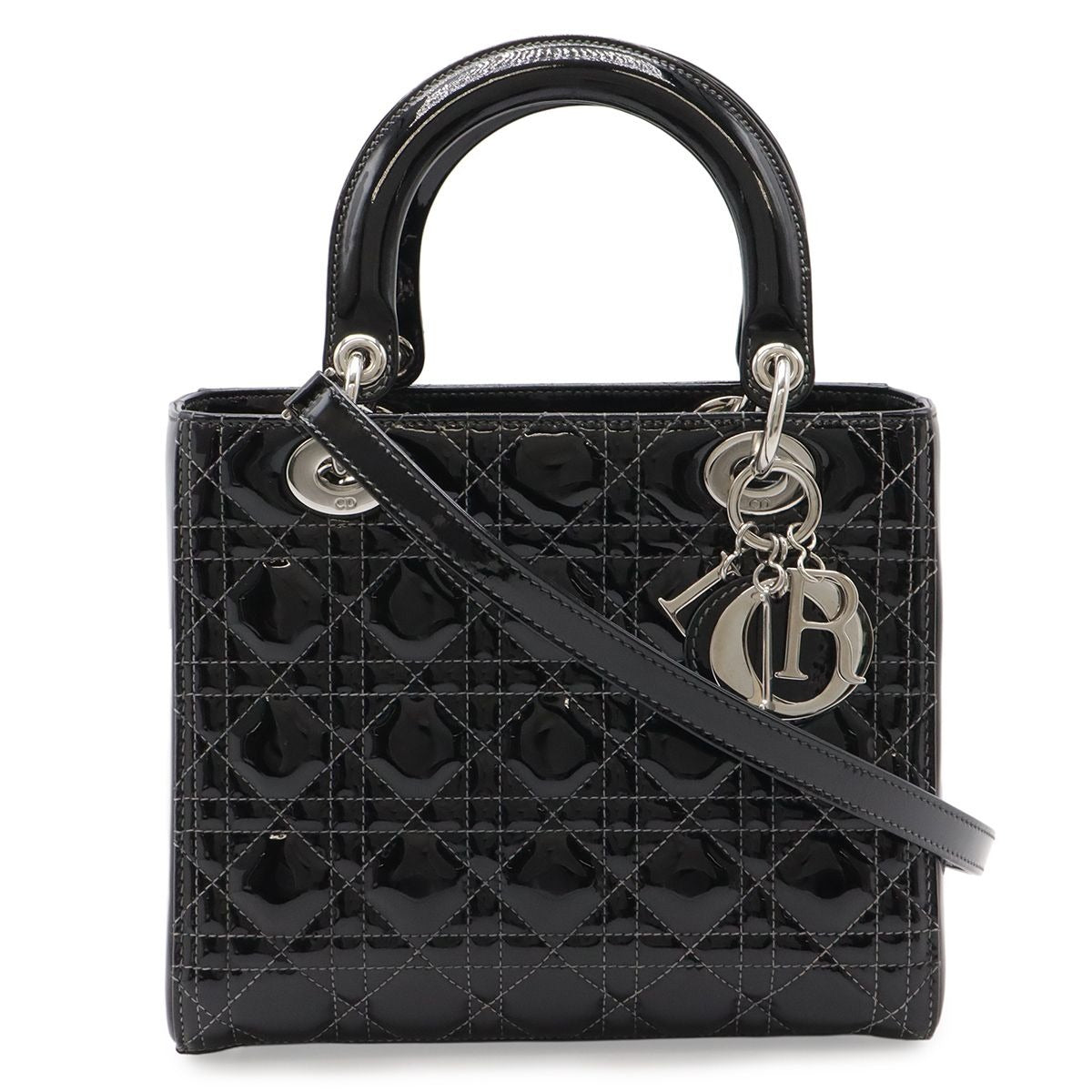 Dior Cannage Tote 2-Way Shoulder Bag Patent Leather Black Pink Gray