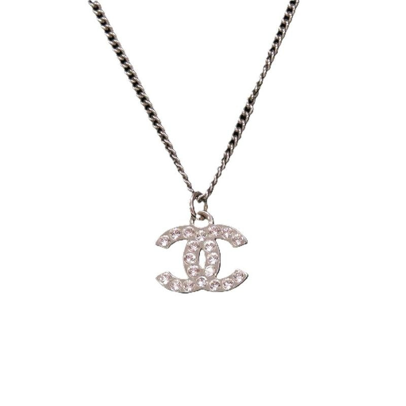 Chanel Coco Mark Metal Rhinestone Silver 0834 Necklace