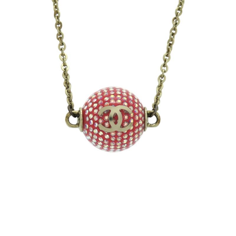 Chanel Coco Mark Mirror Ball Metal Rhinestone Red Necklace 0463