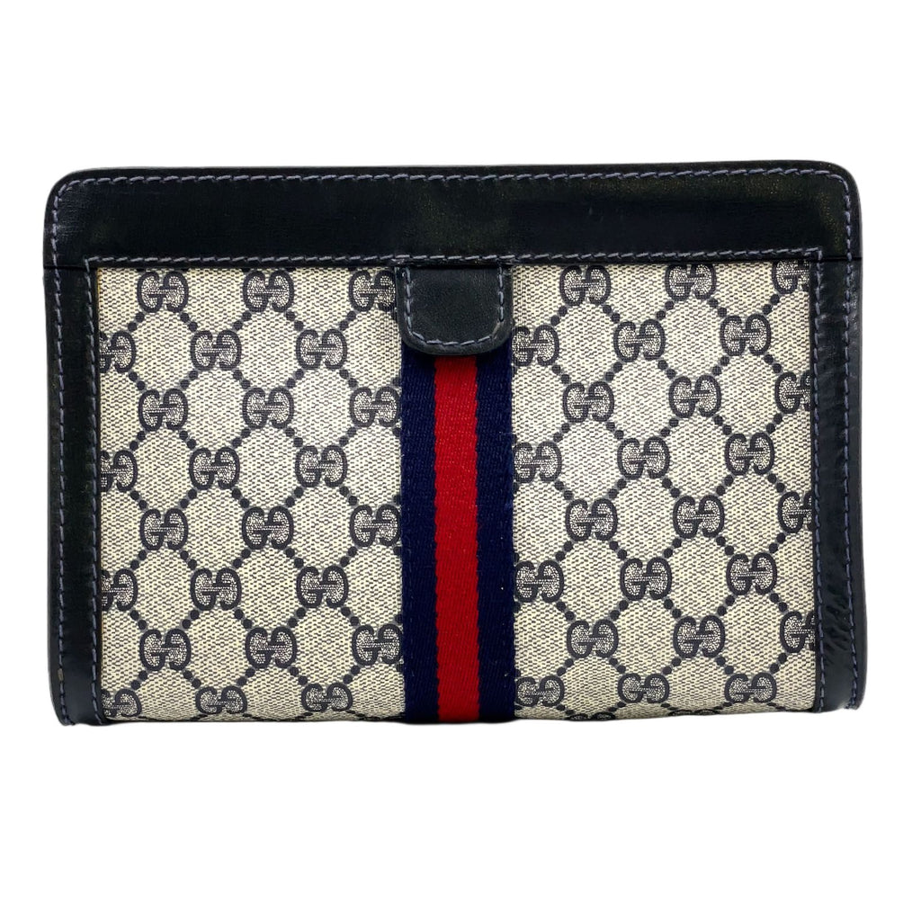 Gucci Sherry Line GG Supreme Vintage Leather Navy Light Gray Clutch