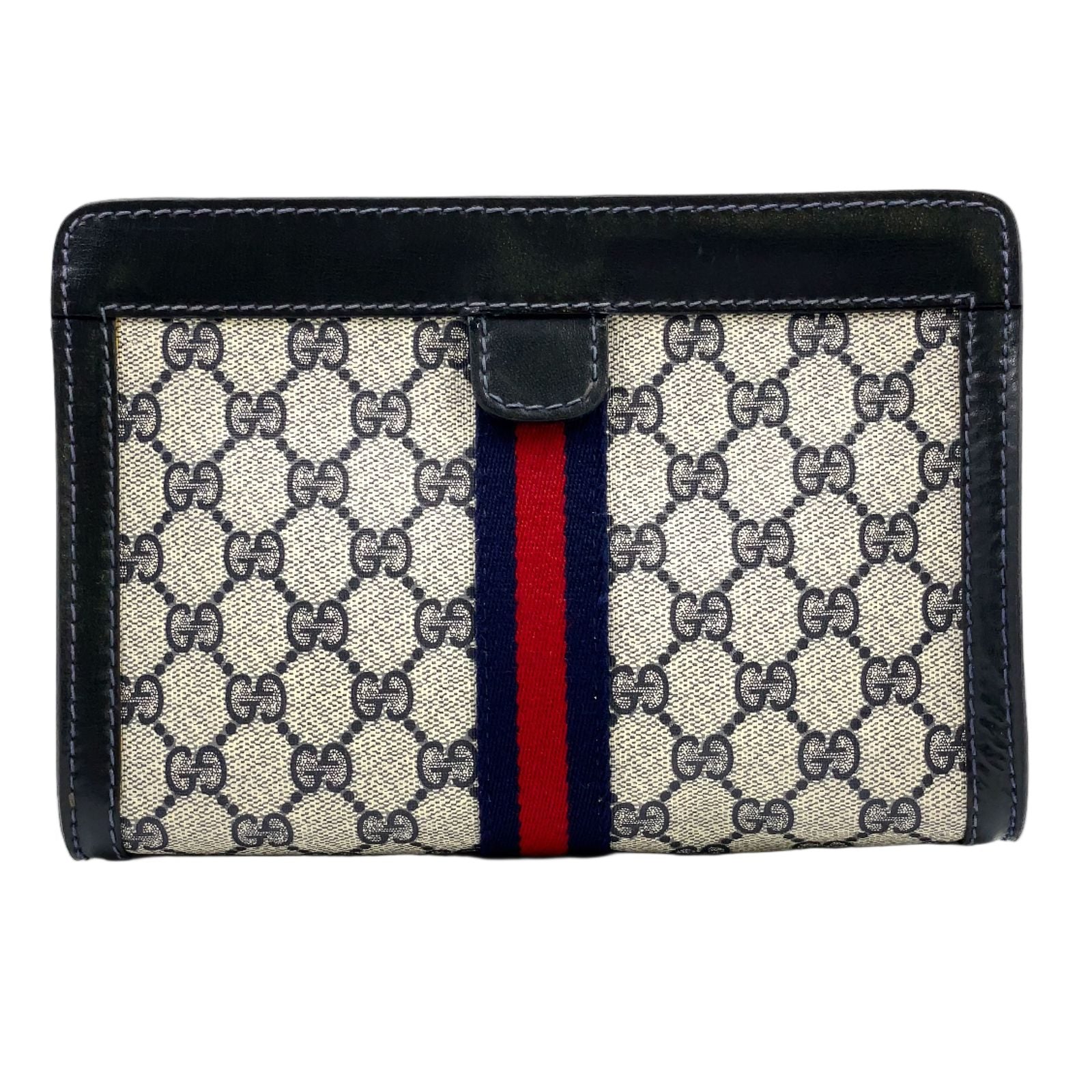 Gucci Sherry Line GG Supreme Vintage Leather Navy Light Gray Clutch